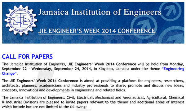 Jamaica Institution of Engineers Conference 2014 – Call for Papers